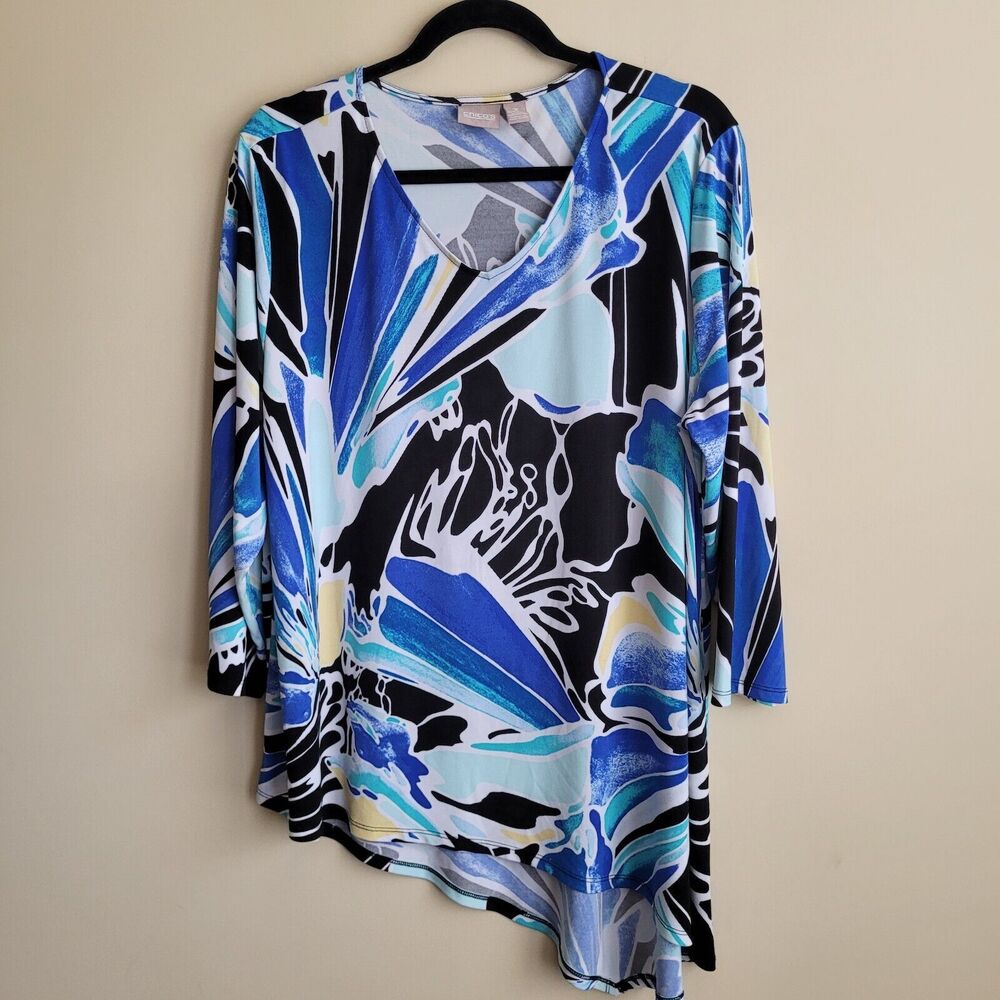 Chicos Womens Blouse Size XL Blue Green Black Abstract Floral Print Asymmetrical